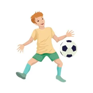 Child boy soccer player in training. Catching the ball. Character vector Stock Illustration