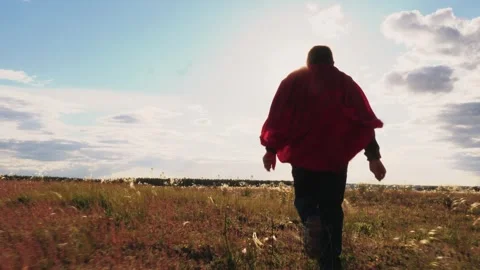 Child boy son kid superhero run across field sunset red raincoat. childhood Stock Footage 244549774