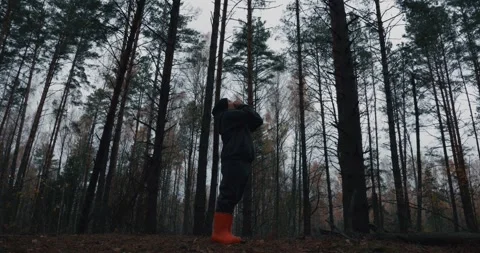 A child boy stands alone in a forest, screaming for help among the tall trees Stock Footage 297742123