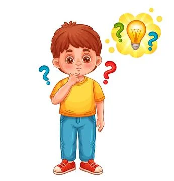 Child boy thinking ask question. Curious kid light bulb. Education creative idea Stock Illustration