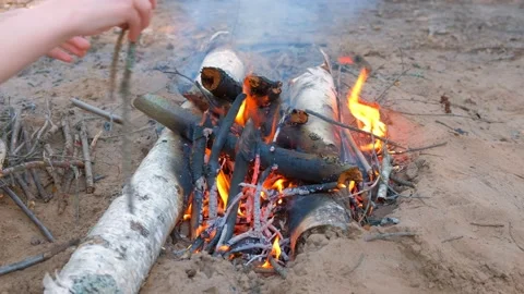 Child boy throws firewoods branches in a fire on nature, hands closeup. Video stock 135991570