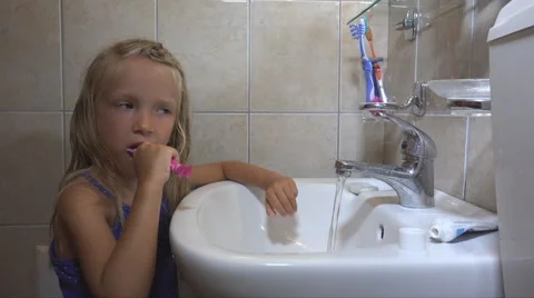 Child Brushing Teeth in Bathroom on Sleeping, Little Girl, Kid with Toothbrush Stock Footage 41236072
