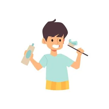 Child brushing teeth with toothpaste, flat cartoon vector illustration isolated. Stockillustratie