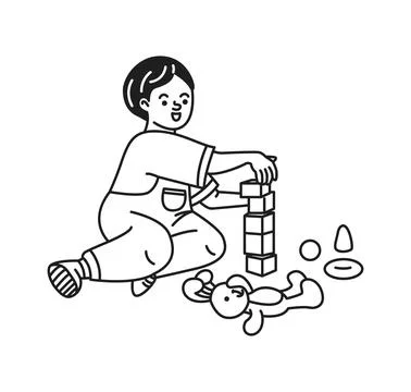 Child building tower with blocks in black and white Ilustración de archivo