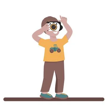 Child with camera on white background. Flat vector character illustration. Stock Illustration