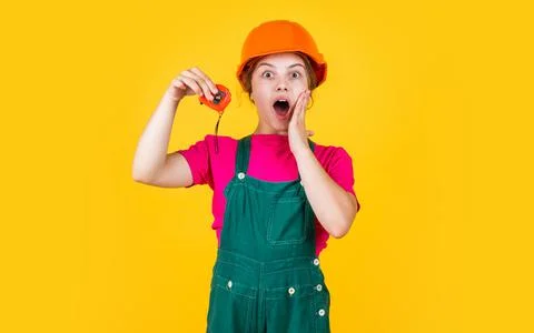 Child care development. future engineer. happy kid use measure repairing tool Stock Photos