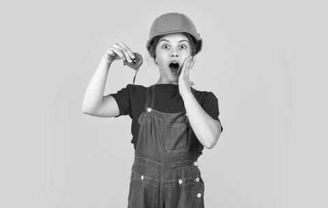 Child care development. future engineer. happy kid use measure repairing tool Stock Photos