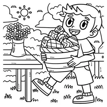 Child Carrying Basket of Easter Eggs Coloring Stock Illustration