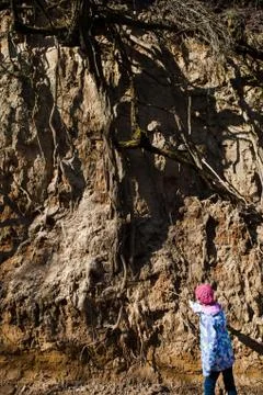 Child checking root system under cliff. Outcome of soil erosion. 스톡 사진