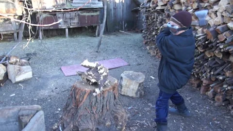 A child chops a stump with glasses. Stock Footage 138385385