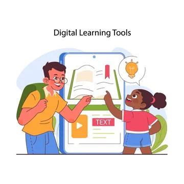 Child cognitive development. Digital learning tools. Children using digital Stock Illustration