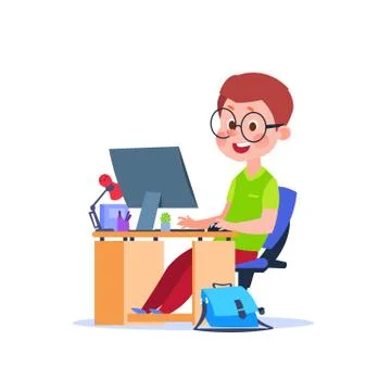 Child at computer. Cartoon boy learning at desk with laptop. Student studying Stock Illustration