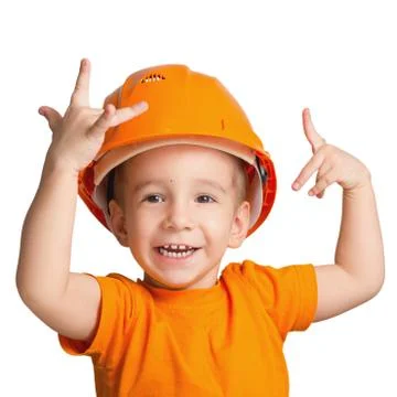 Child in the construction helmet on a white background Stock Photos