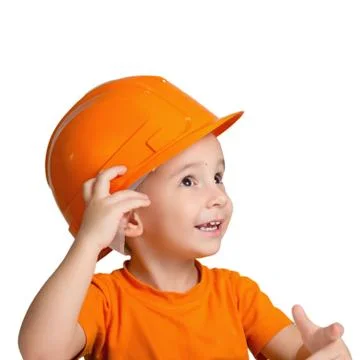 Child in the construction helmet on a white background Stock Photos