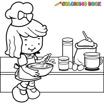 Child cooking in the kitchen. Vector black and white coloring page Stock Illustration