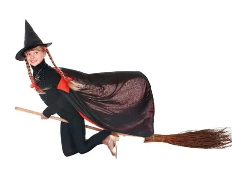 Child in costume halloween witch  fly on  broom. Stock Photos
