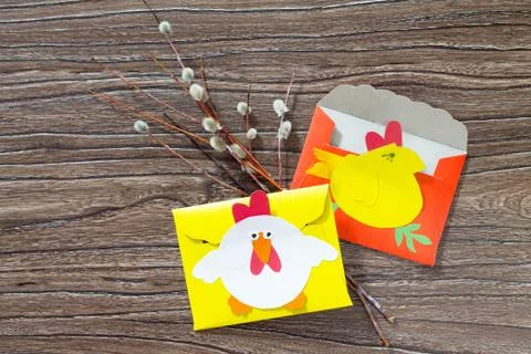The child create an Easter card Cockerel. Handmade. Stock Photos