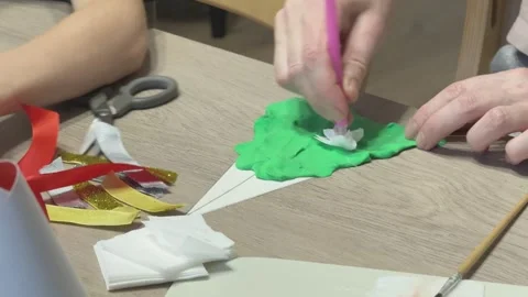Child Creating Christmas Tree Craft With Plasticine DIY Holiday School Activity Vídeo Stock 346732082