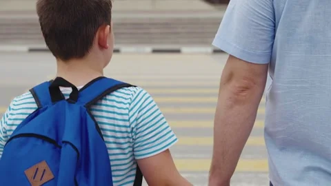 Child crosswalk hand backpack school run student boy. father pedestrian crossing Stock Footage 236264855