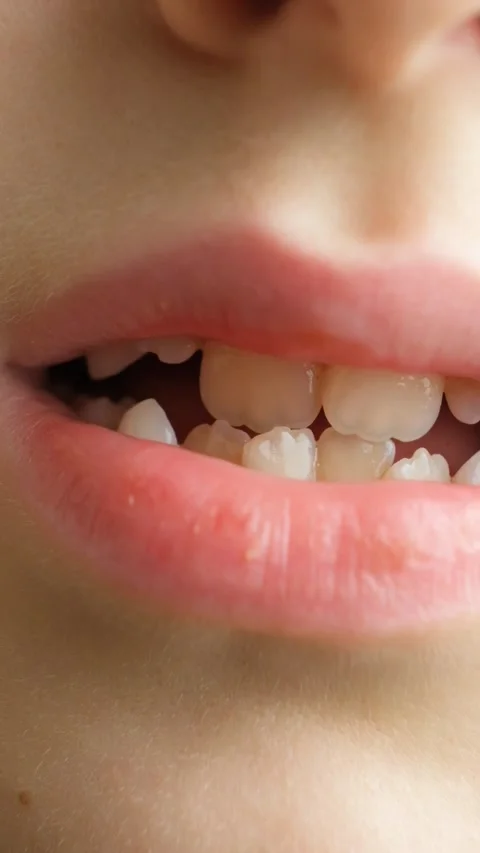 Child with crowded teeth. Crooked permanent and baby teeth in a 8 year old child Stock Footage 330071682