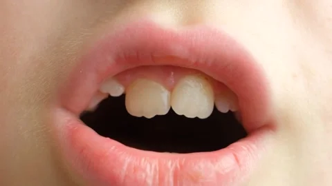 Child with crowded teeth. Crooked permanent and baby teeth in a 8 year old child Stock Footage 330170162