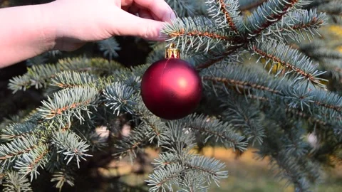 The child decorates the tree with New Year's toys Stock Footage 143201420