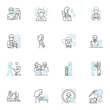 Child development linear icons set. Growth, Milests, Cognition, Communication 스톡 일러스트