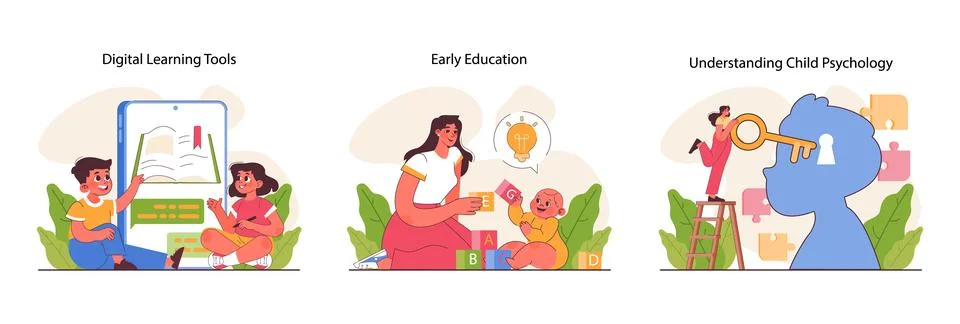 Child development set. Cognitive, physical and emotional skills. Positive Stock Illustration