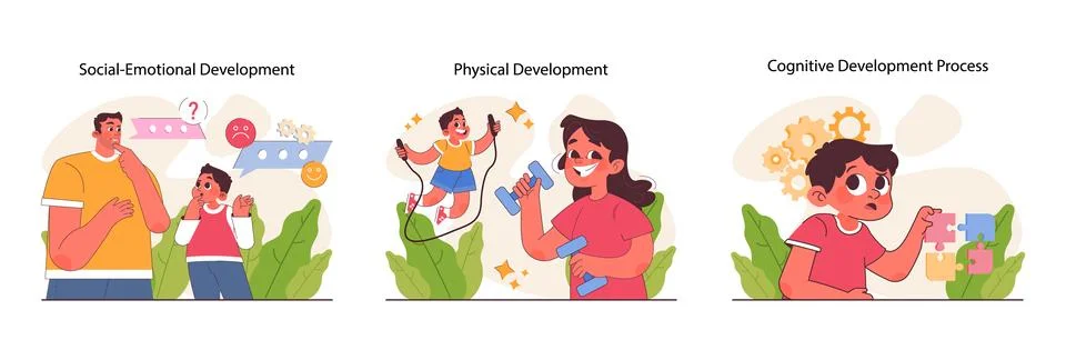 Child development set. Cognitive, physical and emotional skills. Positive Stock Illustration