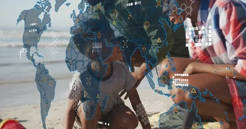 Child digging with pink shovel sparking data map overlaying family, parents Stock Footage 320652094