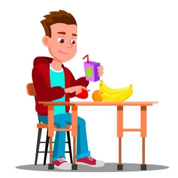 Child At The Dinner Table With Fruit And Juice In Hand Vector. Food. Isolated Stock Illustration