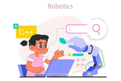 Child do programming. AI technologies and robotics educational Illustrazione stock