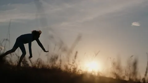 Child does acrobatic exercises in meadow at sunset. Stock Footage 136034514