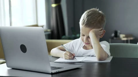 The Child Does Homework and Uses A Computer, Is Engaged In Training Stock Footage 157814549