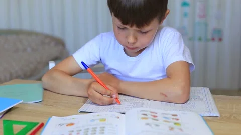 A child does homework on isolation. Homework. Video stock 140370228