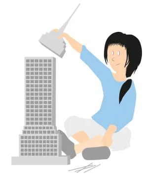 Child doing handicraft work with empire state building model skyscraper Stock Illustration