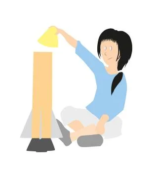 Child doing handicraft work with rocket model Stock Illustration