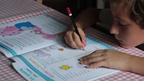 Child doing his homework at home. Close-up of his hands with a pencil. Stock Footage 166212388