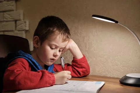 Child Is Doing Homework In The Light Of The Lamp In The Evening. A Boy Sits a Stock Photos