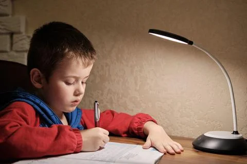 Child Is Doing Homework In The Light Of The Lamp In The Evening. A Boy Sits a Stock Photos