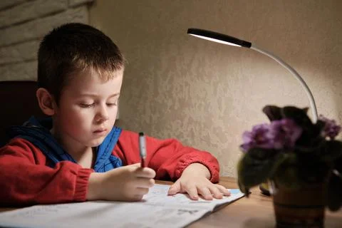 Child Is Doing Homework In The Light Of The Lamp In The Evening. A Boy Sits a Stock Photos