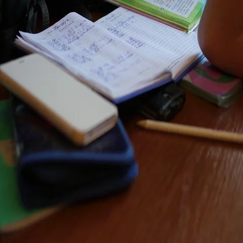 Child doing homework, reading a book at table Vidéo 69435045