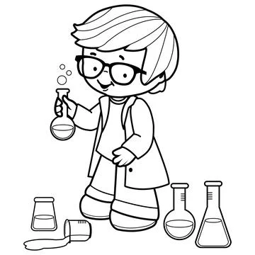 Child doing science experiments. Vector black and white coloring page. Stock Illustration