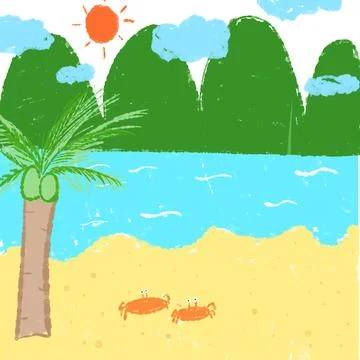 Child drawing concept, clean beach blue sea with coconut tree. Two red crabs Stock Illustration