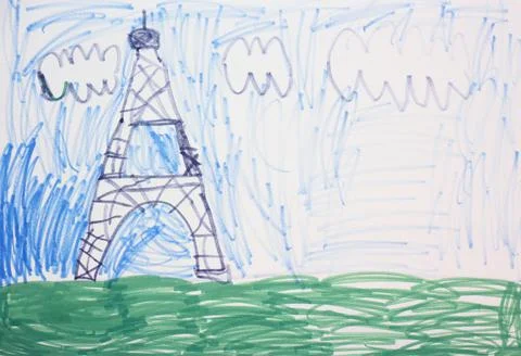 Child Drawing of Eifel Tower in Paris Stock Illustration
