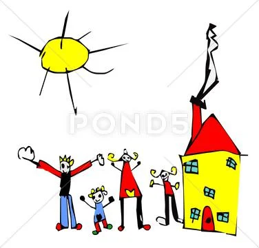 Child drawing of family, sun and house Stock Illustration