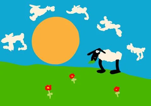 Child drawing of a sheep on the lawn Stock Illustration
