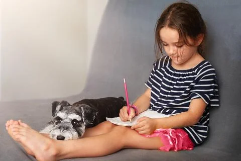 Child drawing  while sitting on sofa with dog Stock Photos