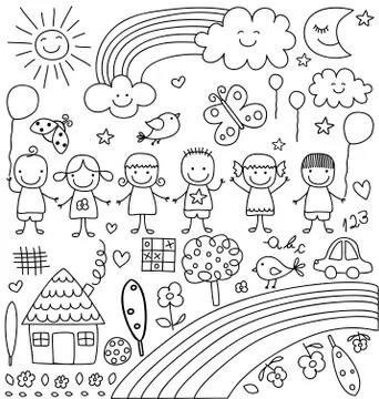 Child like drawings set Stock Illustration
