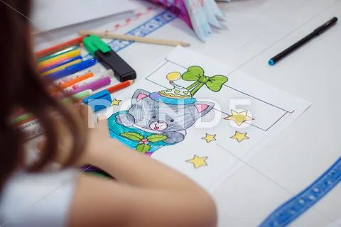 The Child Draws With Paints Kitten